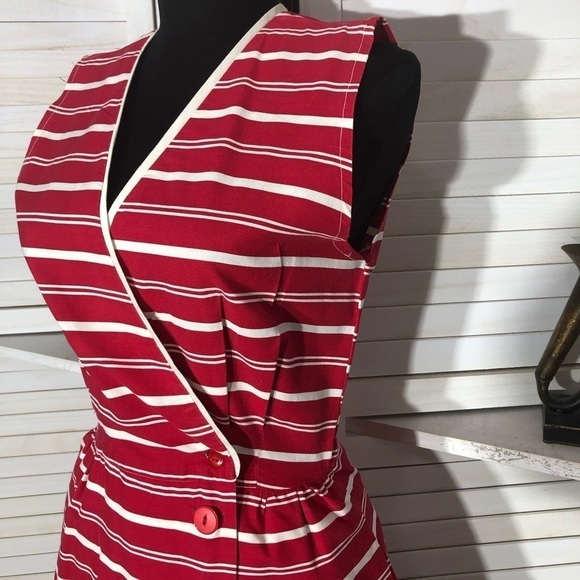 Vintage 80s Lucy Red and White Striped Cotton Nautical Midi Dress S - Picture 4 of 13